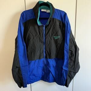 VTG Reebok Men's 90s Windbreaker Jacket Size XL Tuck Away Hood Black Blue -2N666